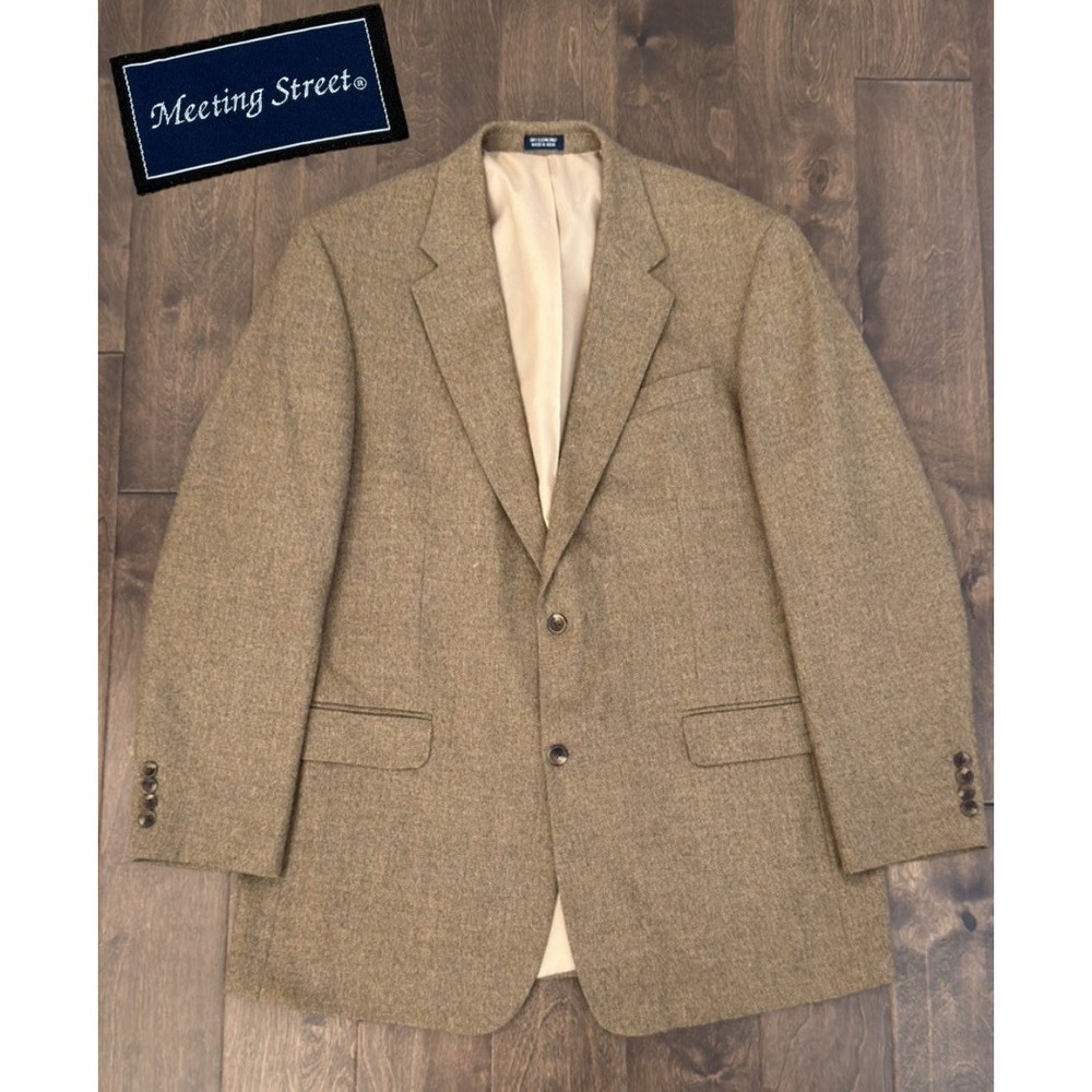 Meeting Street Men 100% Wool Beige Tweed Herringbone Suit Jacket Blazer Size 44L
